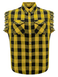 Men's Sleeveless Flannel Shirt Black & Yellow Sleek Design Cotton Shirt Frayed Sleeves