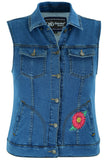 WOMEN'S BLUE DENIM SNAP FRONT VEST WITH RED DAISY MOTORCYCLE VEST Jimmy Lee Leathers Club Vest