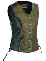 WOMEN’S STYLISH LONGER BODY ¾ SIDE LACES TWO TONE VEST Jimmy Lee Leathers Club Vest