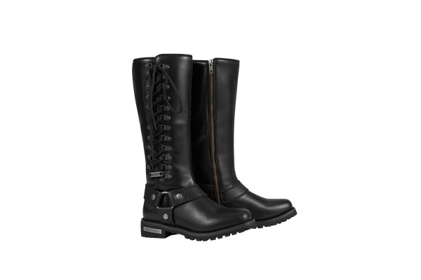 Women's Long Laced and Zipper Side Biker Boots Black