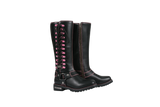 Women's Long Laced and Zipper Side Biker Boots Pink Trim