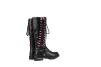 Women's Long Laced and Zipper Side Biker Boots Pink Trim