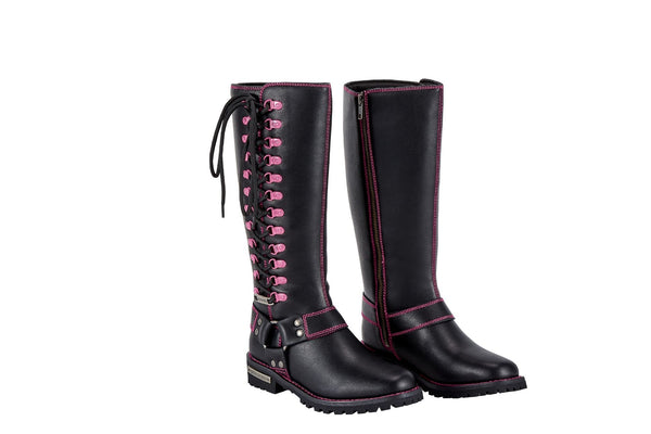 Women's Long Laced and Zipper Side Biker Boots Pink Trim