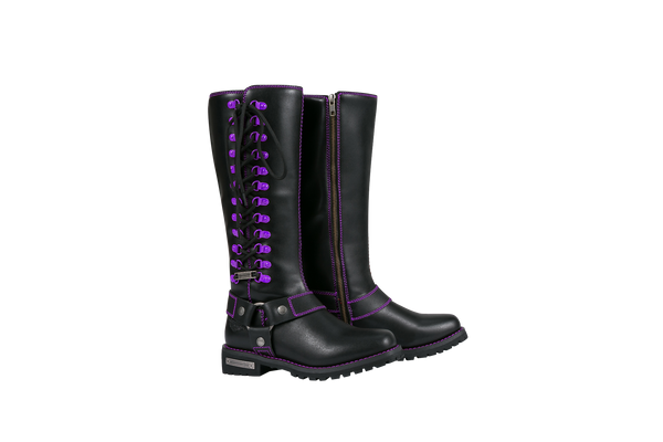 Women's Long Laced and Zipper Side Biker Boots Purple Trim