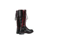 Women's Long Laced and Zipper Side Biker Boots Red Trim