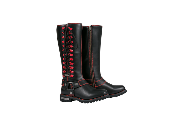 Women's Long Laced and Zipper Side Biker Boots Red Trim