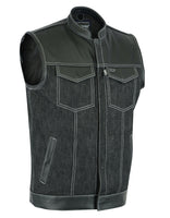 MEN’S LEATHER/DENIM COMBO MOTORCYCLE VEST WHITE STITCHING