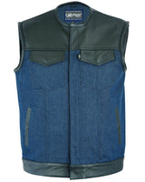 MEN’S LEATHER/DENIM COMBO VEST BLACK OVER BROKEN BLUE