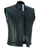 The Private, leather motorcycle club vest with distressed American flag liner with skull