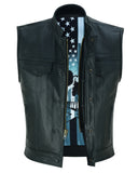 The Private, leather motorcycle club vest with distressed American flag liner with skull