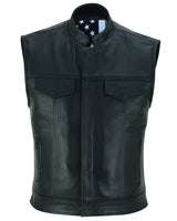 The Private, leather motorcycle club vest with distressed American flag liner with skull