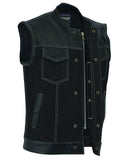 MEN’S LEATHER/DENIM COMBO MOTORCYCLE VEST WHITE STITCHING